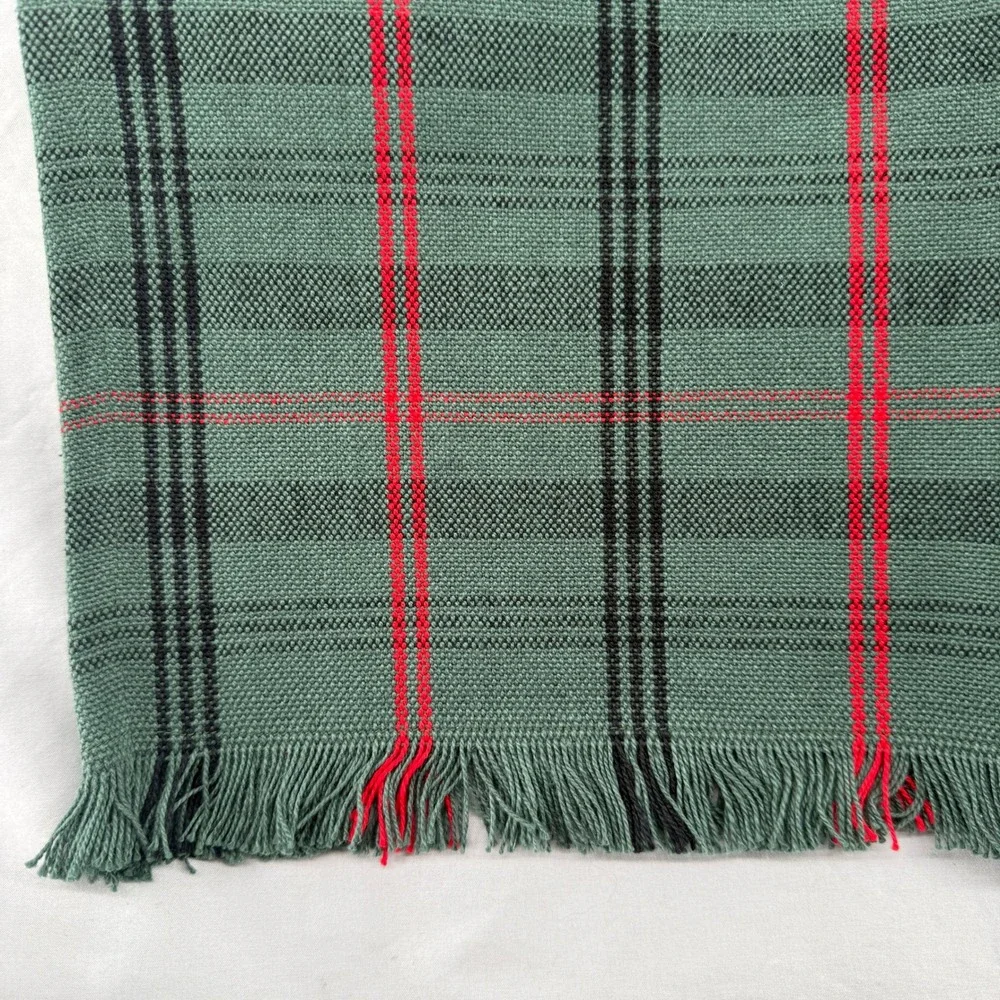 Rustic Table Runner Oversize Green Red Plaid 88x20.5 100% Cotton Fringed